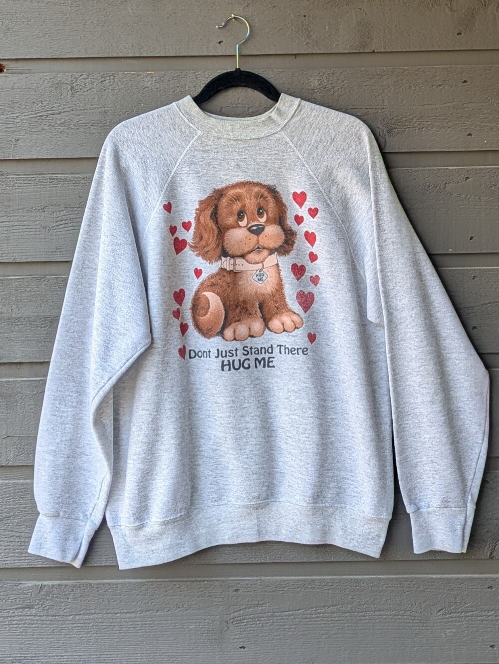 VTG 80s Tultex Puppy Dog Don't Just Stand There HUG ME Raglan Sweatshirt X-Large